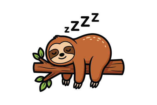 Cute sleeping sloth resting on a tree branch in kawaii cartoon style. Adorable wildlife vector illustration perfect for nursery decor, children's books, stickers, and nature-themed designs.