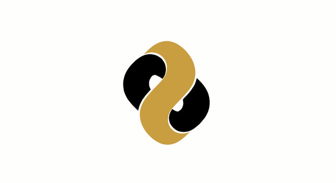 Abstract infinity loop logo design with interlocking gold and black curved shapes.