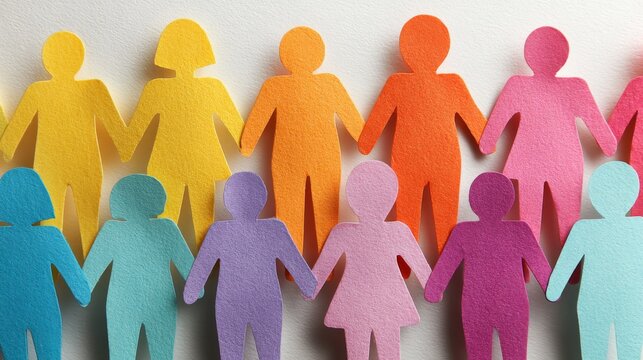 Colorful paper cutout people on white background representing diverse social media audience, female online community engagement, digital communication network, internet users, inclusion, connection, e
