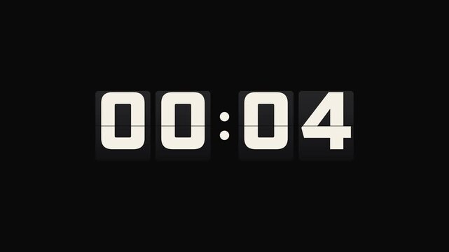 Retro flip clock count up timer with split flap charcoal cards and warm white digits on black, 4K luma key motion graphic