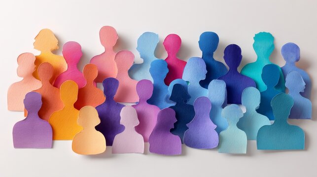 Colorful paper cutout figures representing diverse online community and female internet users, social media audience concept with connected people icons on white background, digital communication, inc