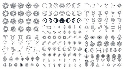 Fototapeta premium Boho Celestial Line Art Symbols Collection