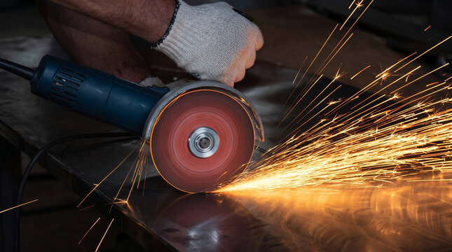 Worker with gloves grinding metal, producing sparks, dark background, industrial setting