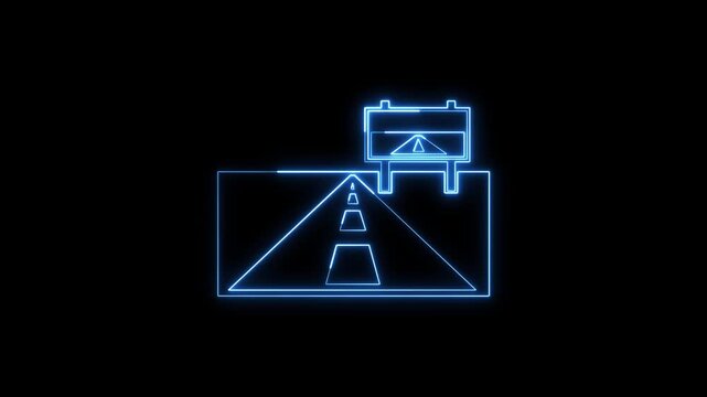 Blue neon line road highway sign animation on black background.