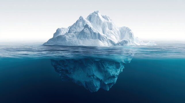 Winter season adventure exploration. An iceberg floating in the ocean, its reflection shimmering on the waters surface. The sky is visible at the top of the image.