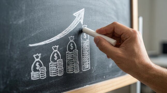 Chalkboard illustration of money stacks with an upward arrow showing financial growth.