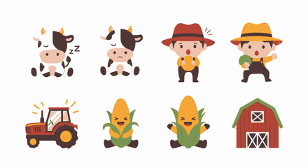 Fototapeta premium Adorable Cartoon Farm Animals and Elements in a Cute Illustration.