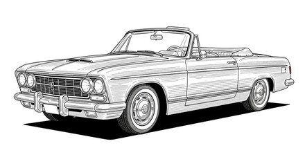 Fototapeta premium Retro Classic Convertible Car Line Art Drawing and Vintage Vehicle Sketch