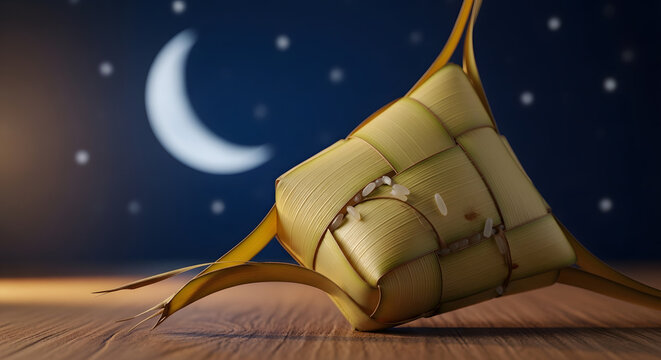 A delicious and traditional Indonesian rice cake known as Ketupat, a staple food during celebrations, is displayed in a festive setting with a crescent moon and starry sky in the background
