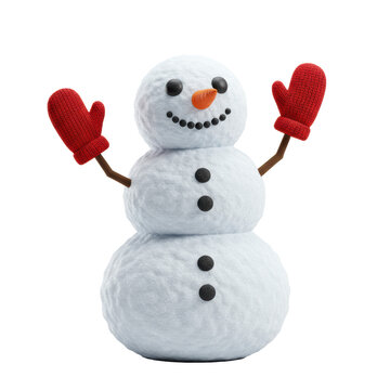 iridescent three-tiered 3d rendered snowman waving enthusiastically, featuring red knitted mittens, carrot nose, and coal eyes, isolated on a transparent background. commercial christmas holiday