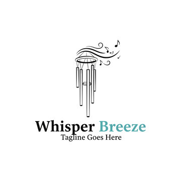 Whisper Breeze elegant logo featuring a wind chime with musical notes in a minimalist style.