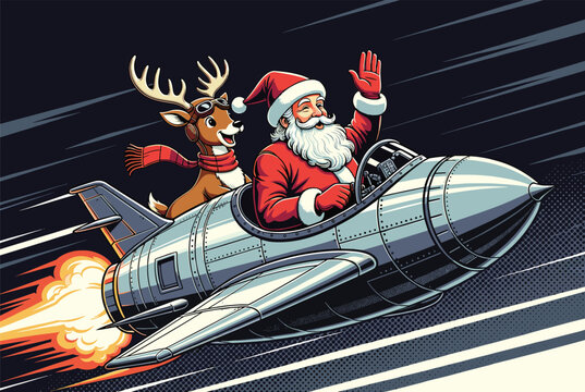 Santa Claus and his reindeer travel through space in a retro silver rocket ship with flames coming out of the engine on a dark background.