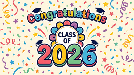 Fototapeta premium Colorful Celebratory Illustration for Graduation Class of 2026 with Confetti and Academic Caps
