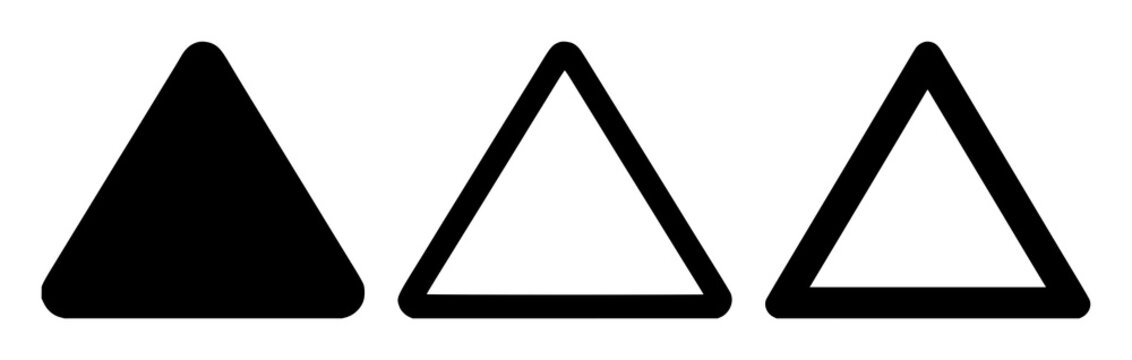 Warning triangle icon set with solid black triangle illustration on white background featuring warning, safety, hazard symbols with bold design and minimalism