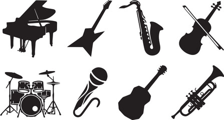 Musical instruments black silhouette icons set featuring grand piano electric guitar saxophone violin drum kit microphone acoustic guitar and trumpet © MstNajma