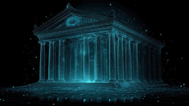 Space universe exploration, fantasy. A digital artwork depicts a grand, neoclassical temple with a symmetrical pediment.