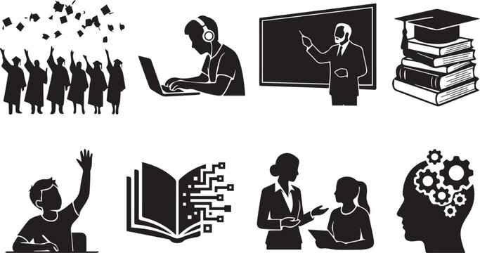 Education and online learning black silhouette icons set featuring graduation students laptop user teacher digital book and brain gears
