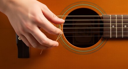 Obraz premium Hand Plucking String on Acoustic Guitar