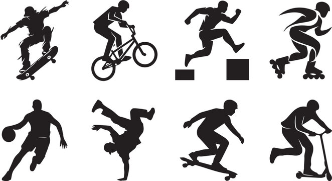 Extreme sports and urban lifestyle black silhouette icons set featuring skateboarder bmx rider parkour rollerblader basketball breakdancer and scooter