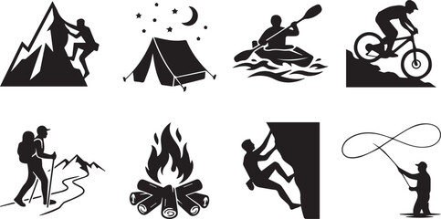 Fototapeta premium Outdoor adventure and extreme sports black silhouette icons set featuring mountaineering camping kayaking mountain biking hiking campfire and fishing