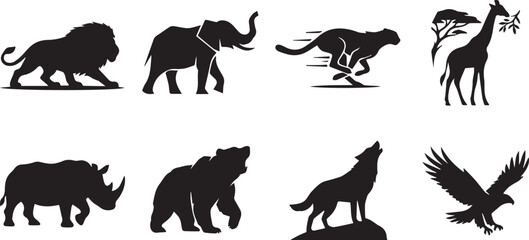 Wild animals and safari wildlife black silhouette icons set featuring lion elephant cheetah giraffe rhinoceros bear wolf and eagle © MstNajma
