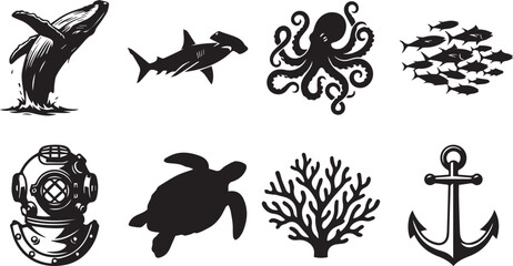 Ocean and marine life black silhouette icons set featuring whale shark octopus sea turtle coral and vintage diving helmet © MstNajma
