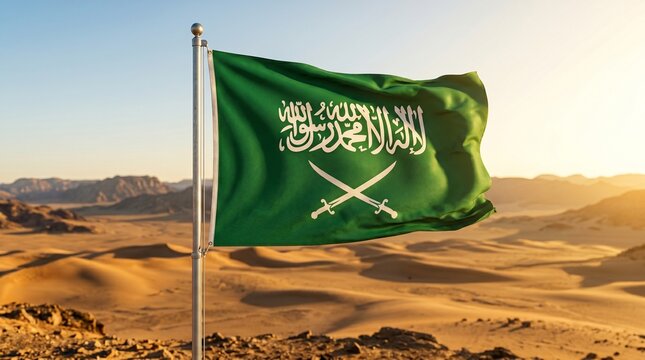 Bold national flag of Saudi Arabia waving over an arid desert landscape with sand dunes and warm sunset light
