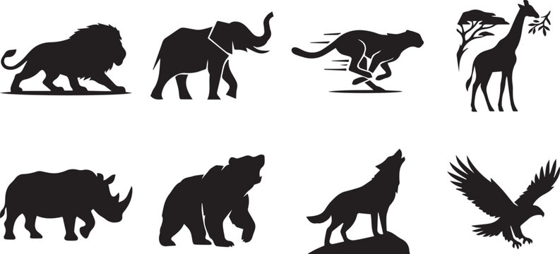Wild animals and safari wildlife black silhouette icons set featuring lion elephant cheetah giraffe rhinoceros bear wolf and eagle