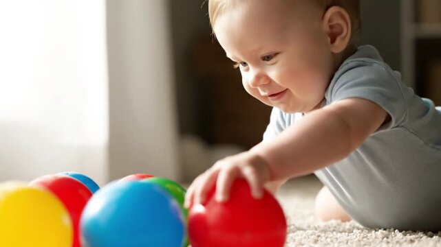 Smiling Baby Playing with Colorful Balls. 4K Video