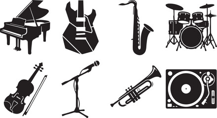 Musical instruments icon set featuring black silhouettes of grand piano electric guitar saxophone drum kit violin microphone trumpet and turntable © MstNajma