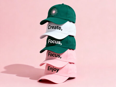 A stack of five colorful baseball caps with motivational words 'Create, Focus, Enjoy' on a pink background.