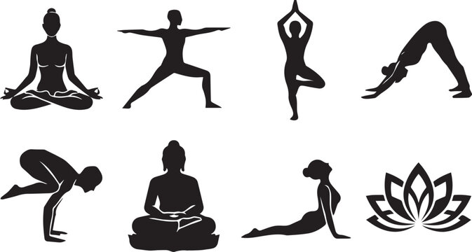 Yoga poses and wellness icon set featuring black silhouettes of meditation lotus flower buddha and various hatha yoga asanas