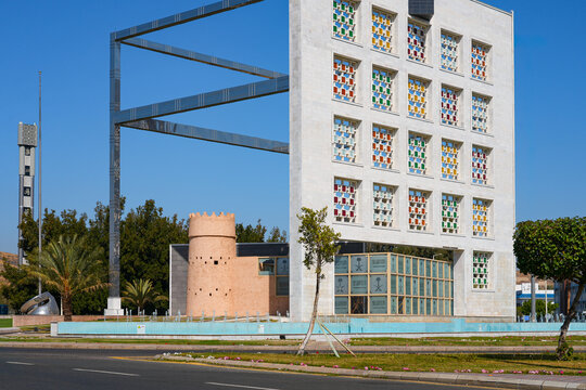 Al Salama Roundabout with a modern monument and a traditional watchtower replica in Taif, Saudi Arabia