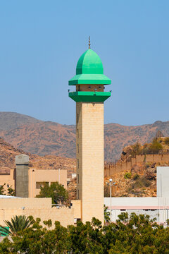 Close up of the green minaret dome of King Fahd Grand Mosque in Taif, Saudi Arabia