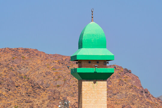 Close up of the green minaret dome of King Fahd Grand Mosque in Taif, Saudi Arabia
