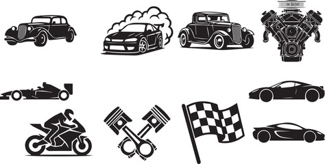 Naklejka premium Automotive and racing icon set featuring classic cars sports car drifting formula racer motorcycle engine parts and checkered flag