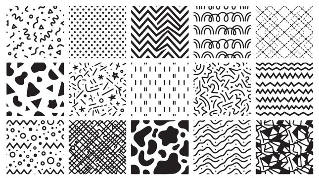 Black and white seamless patterns, geometric designs, textures, backgrounds
