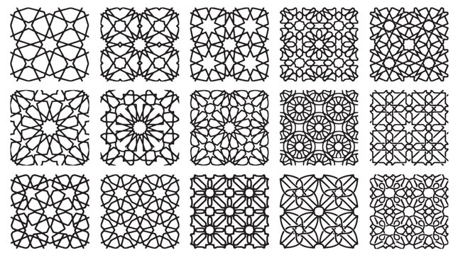 Black and white geometric patterns, 15 square designs, mandala style, vector illustrations, decorative tiles