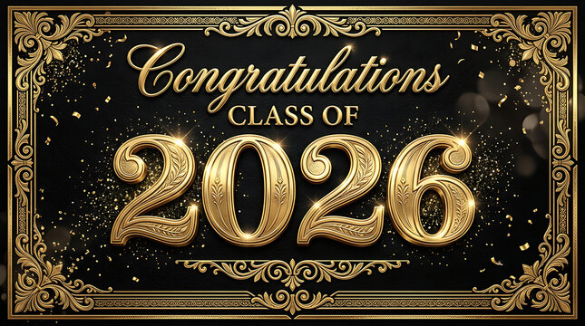 Elegant celebration card for graduating class of 2026 with ornate gold borders and sparkling details