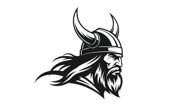 Powerful Viking Warrior Head with Horned Helmet and Beard.