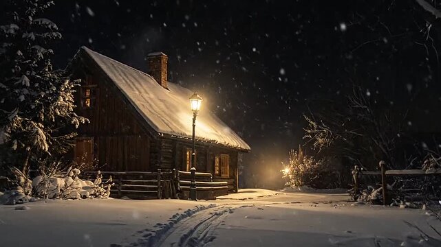 Cozy wooden cabin glows under a streetlamp during a heavy night snowfall