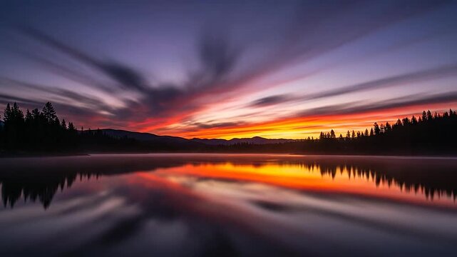Vibrant sunset colors reflect on the calm surface of a mountain lake