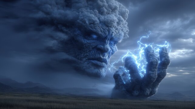Fantasy wallpaper. A dramatic digital artwork depicts a colossal, ethereal creature with a cloudlike appearance, set against a stormy sky. The creatures face is intricately detailed.