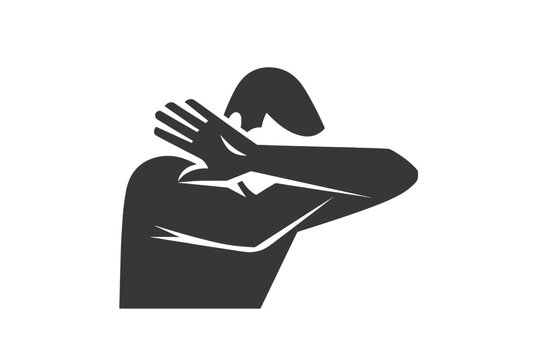 Black silhouette of a person performing a dab gesture or coughing into their elbow against a plain white background.