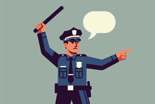 Serious police officer in blue uniform holding a baton and pointing his finger with a blank speech bubble.