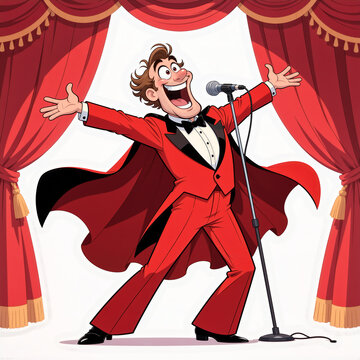Crazy opera singer in a red tuxedo throws arms wide in ecstatic joy on a white background with a gigantic stage curtain fluttering behind him.