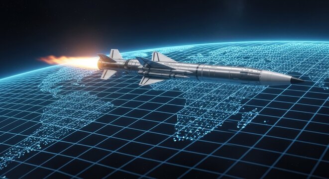 Guided missile flying through space over digital earth grid.