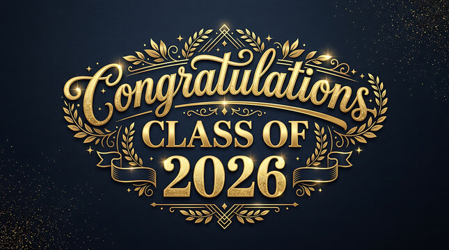 Elegant celebration graphic with gold laurels and festive typography for graduation of class 2026
