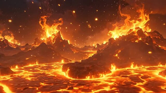 Dramatic volcanic landscape with flowing lava and intense fire peaks