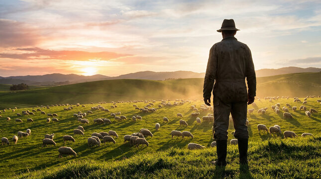 Rear view of a farmer standing on a hill looking at a large flock of sheep grazing on green rolling hills pasture under a dramatic warm sunrise sky representing agriculture farming lifestyle